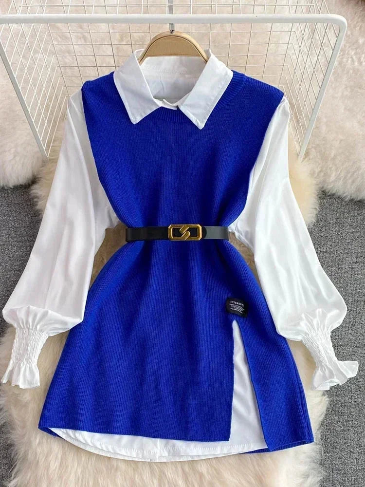 Syiwidii Blouses Sets Women Knitted Sweater Vests Autumn 2024 Fashion Turn-down Collar Single Breasted Female Blouses Two-piece