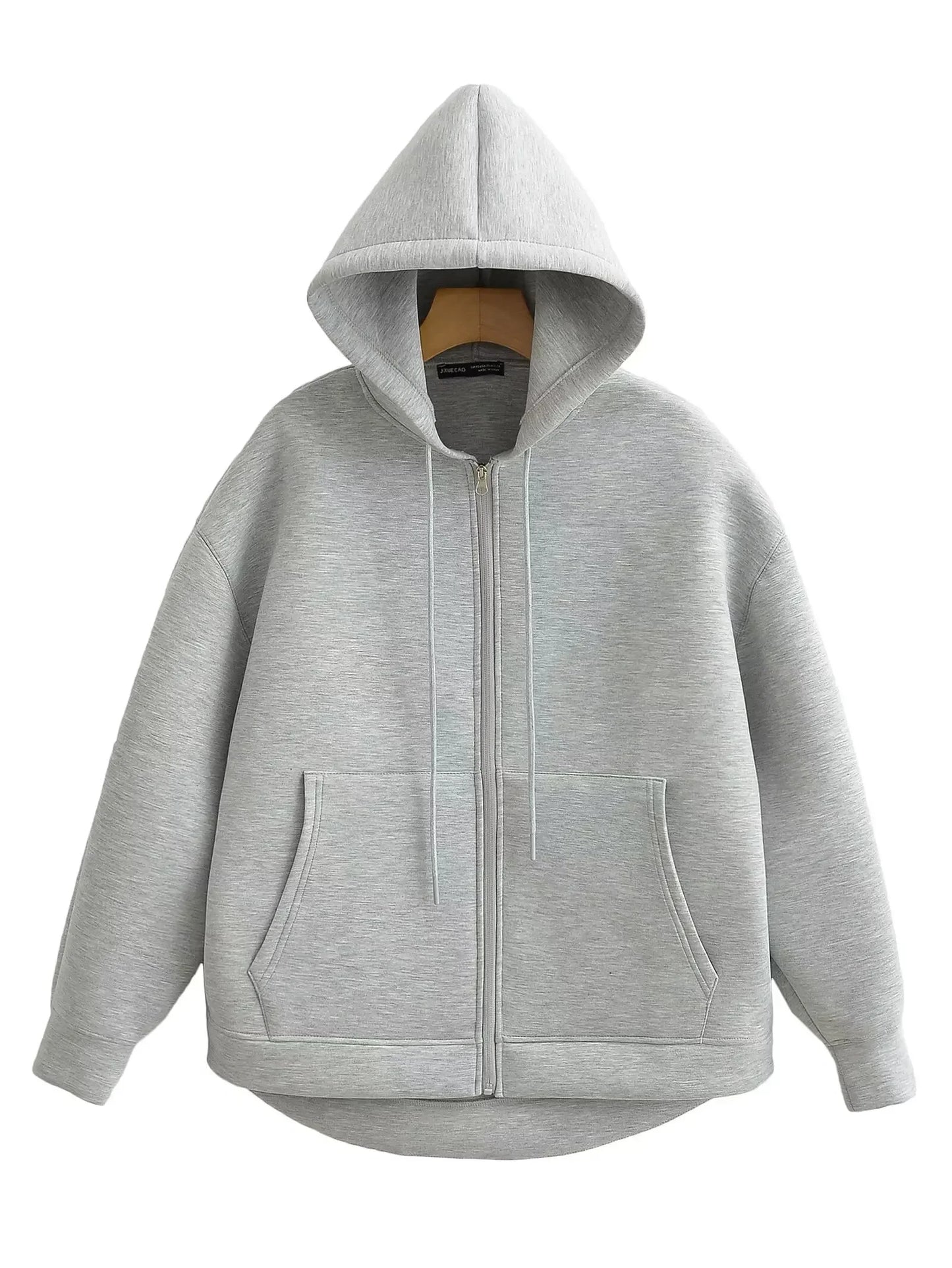 2025 Autumn Women Gray Jacket with Hood Long Sleeve Big Pocket Zipper Jacket Coat Woman Loose Casual Outerwear Coat Tops