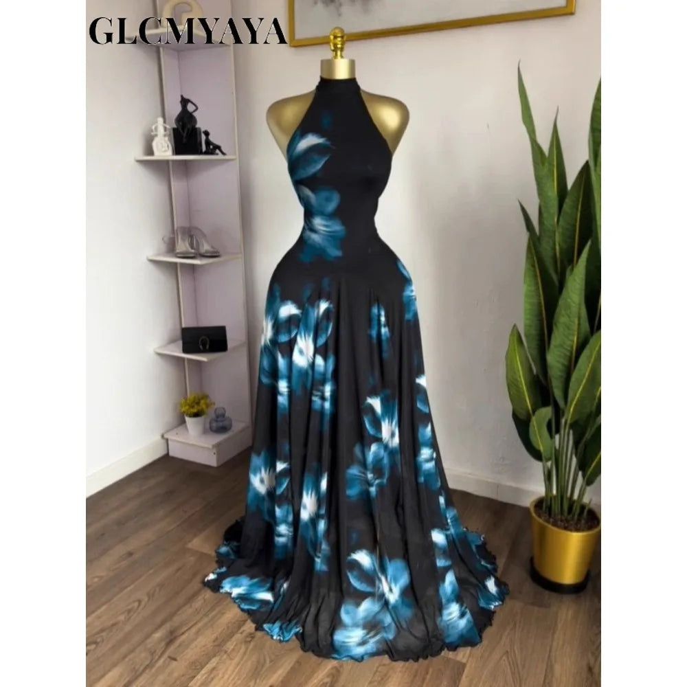 GLCMYAYA 2025 Fall Women O-neck Sleeveless Floral Print Mermaid Maxi Dress Evening Birthday Beach Sexy Night Party Long Dresses