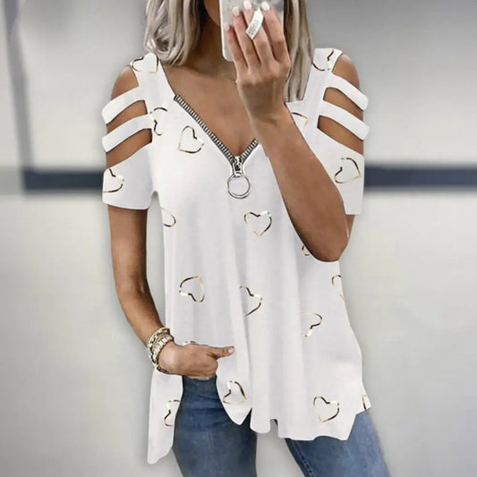 Top V Neck Low-cut Hollow Out Short Sleeves T-shirt