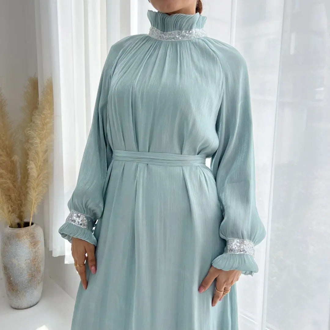 Uni Dubai Turkish Chic Sequins Belted Evening Party Long Dress Muslim Women Elegant Abayas Moroccan Kaftan Islamic Clothing