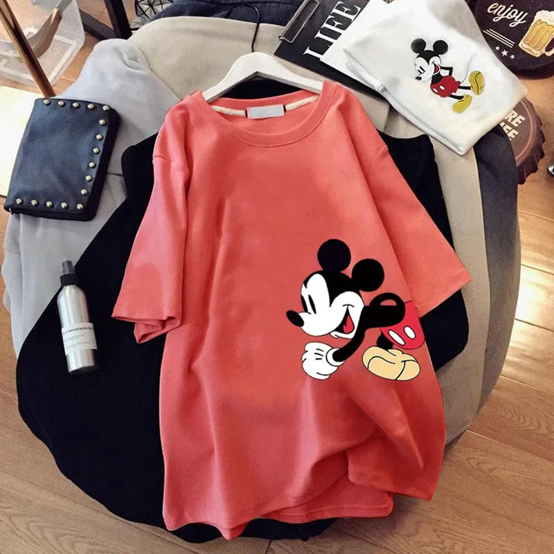 Disney Mickey Mouse T-shirt Summer Cartoon Mid-length Short-sleeved T-shirt Women's New Mickey Loose Large Size Half-sleeve Top