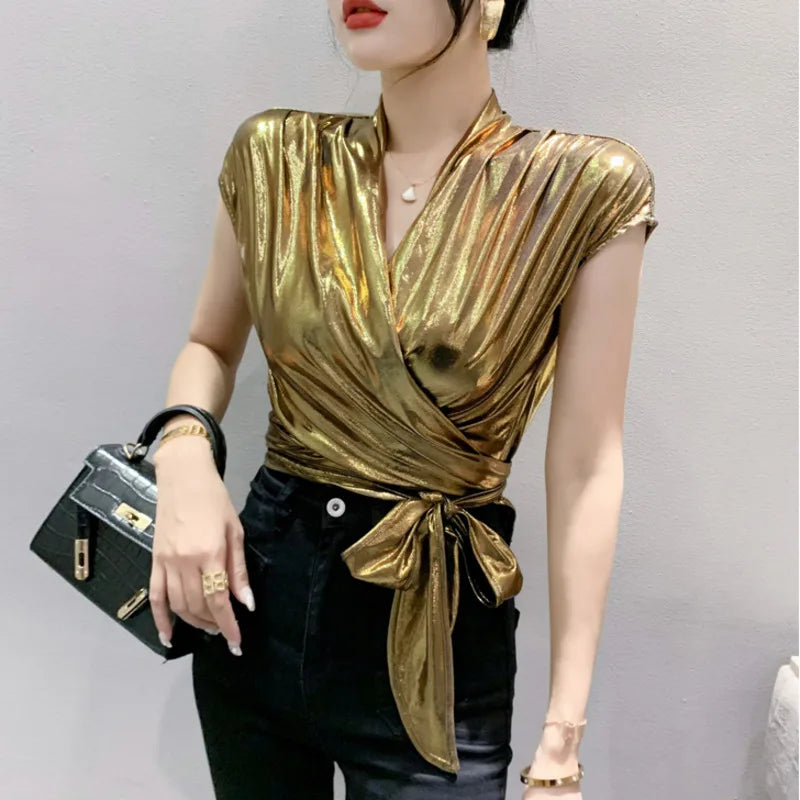Street wear Gold Silver Green Shinny Short Sleeve Blouse Women Sexy Irregular Short Wrap Shirt Female Bandage Summer Tops