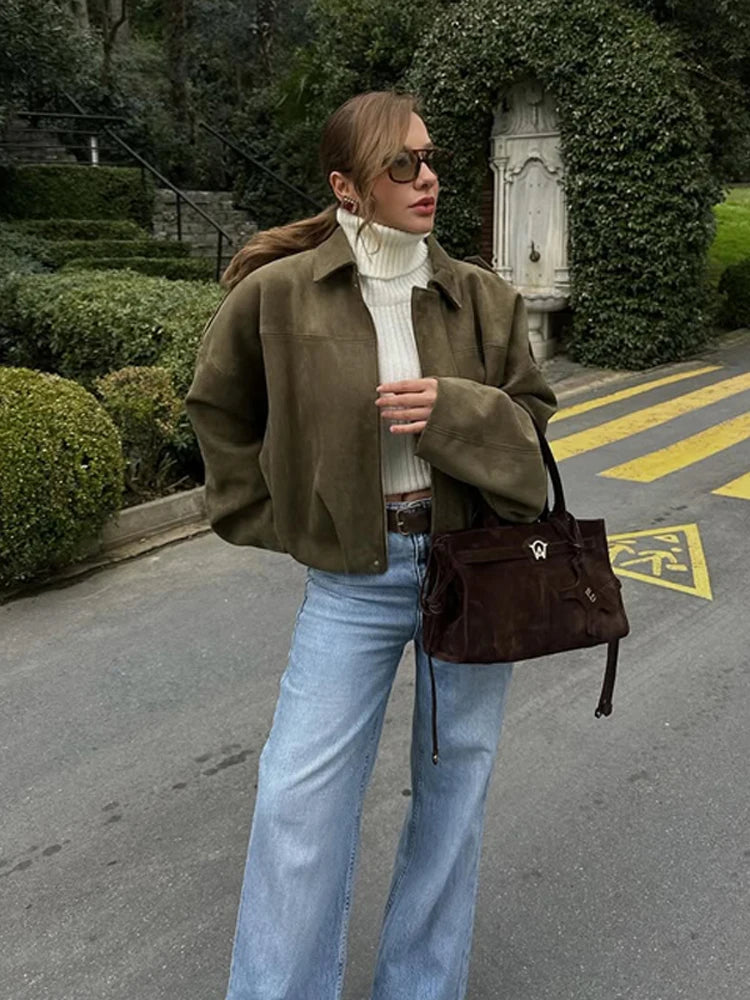 Vintage Oversized Suede Leather Jacket Women's Fashion Shoulder Pad Full Sleeve One Button Coat Lady Chic Bomber Streetwear 2025