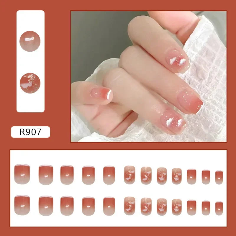 Platinum Maple Leaf Fake Nail with Jelly sticker Press on False Nails Wearable Round Head Oval Full Cover Nail Tips