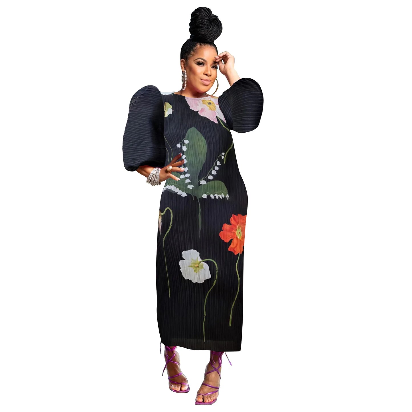 Elegant Women Pleated Half Lantern Sleeve O-neck Slim Maxi Long Dress Print Fashion Autumn 2025 Ruched Dresses Vestidos