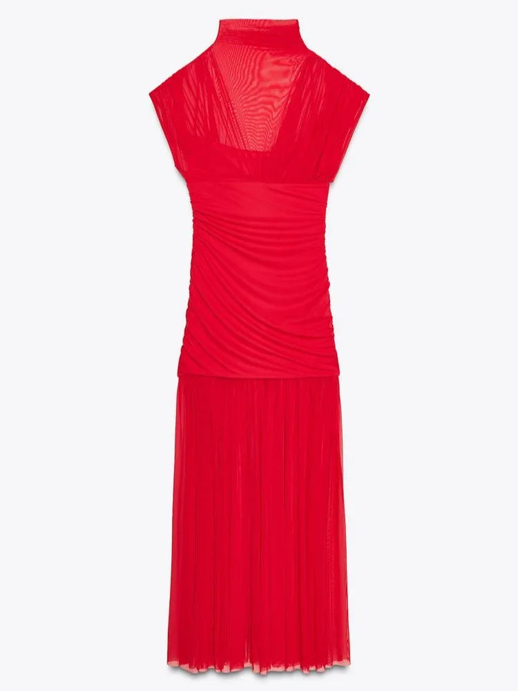 Chic Red Pleated Evening Party Long Dresses Elegant Fly Sleeve Mesh Patchwork Maxi Dress Women Summer Vacation Beach Vestidos