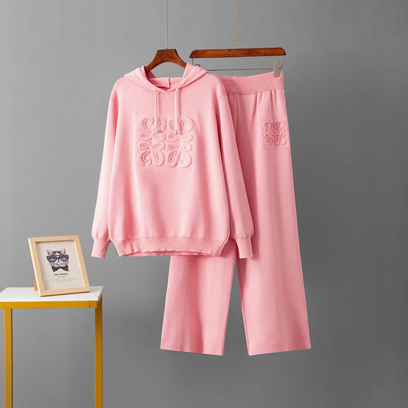 LISM winter two piece set tracksuit Knitted set, nail bead casual two-piece hooded woolen top+slim fit wide leg pants for women