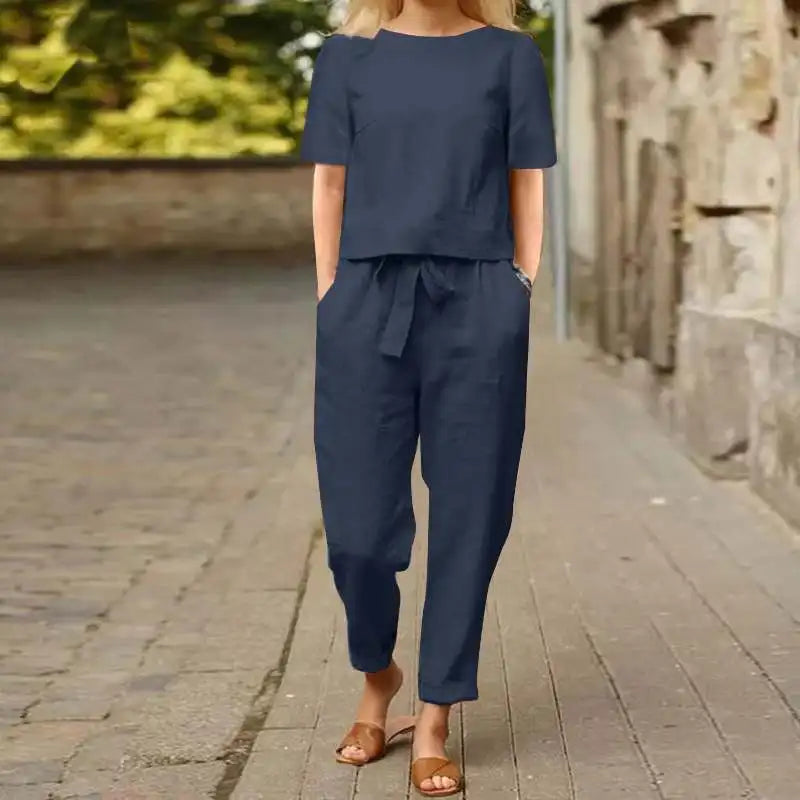 Women's Cotton Linen Suit Summer Matching Suit Half-sleeved Round Neck Tie Elastic Waist Trousers Wide-leg Pants Retro Suit 2024