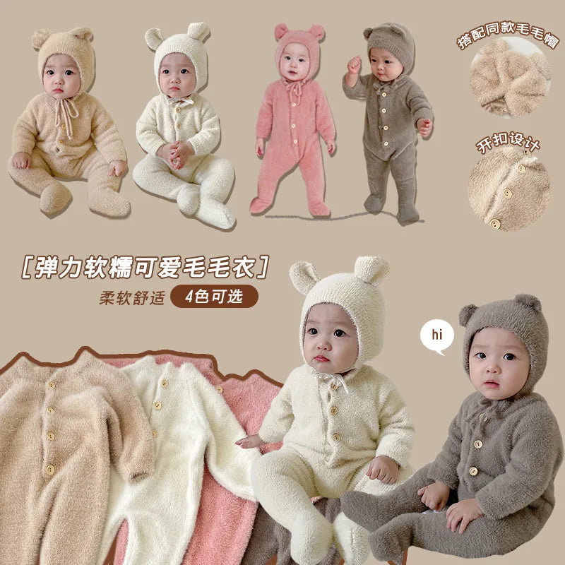 5097 Ins Baby Clothes 2024 Autumn Winter New Baby Boy's Jumpsuit Mink Velvet Cute Bear Baby Girl's One Piece Clothes