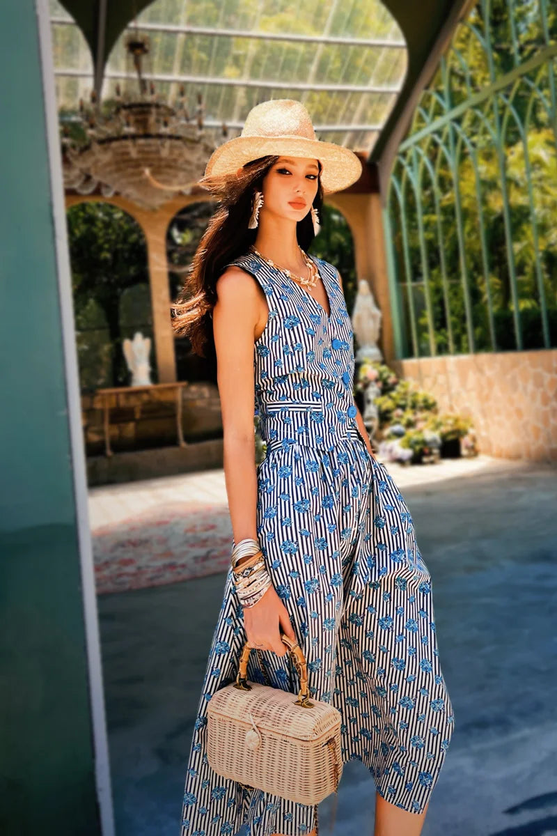 Summer Print Black White Striped Tank Women's Top Blue Rose Vest+Knee-Length A-Line Skirt Separately Y2K DABUWAWA DM2BVT002