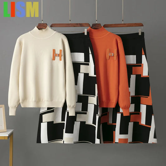 LISM winter two piece set for womam suit elegant sweater new in matching sets letter half body mid length skirt set New dress