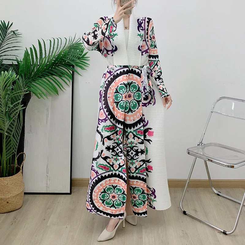 abaya Ethnic Style Print, Pleated, Large Lapel, Lace-up Cardigan, Miyake, Spring, Summer, 2025