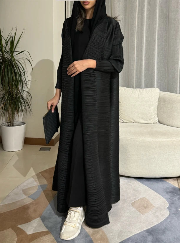 2025 Miyake Pleated abaya with Turn-down Collar, Long Sleeve, Vintage Printed Design, Plus Size