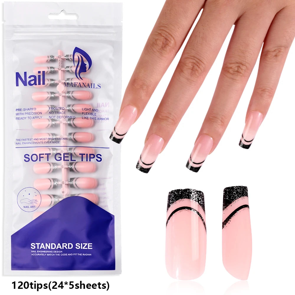 120Pcs Medium Long Square Acrylic French Fake Nails Full Cover Wearable French Press on Nails for Women Mixed Size False Nails