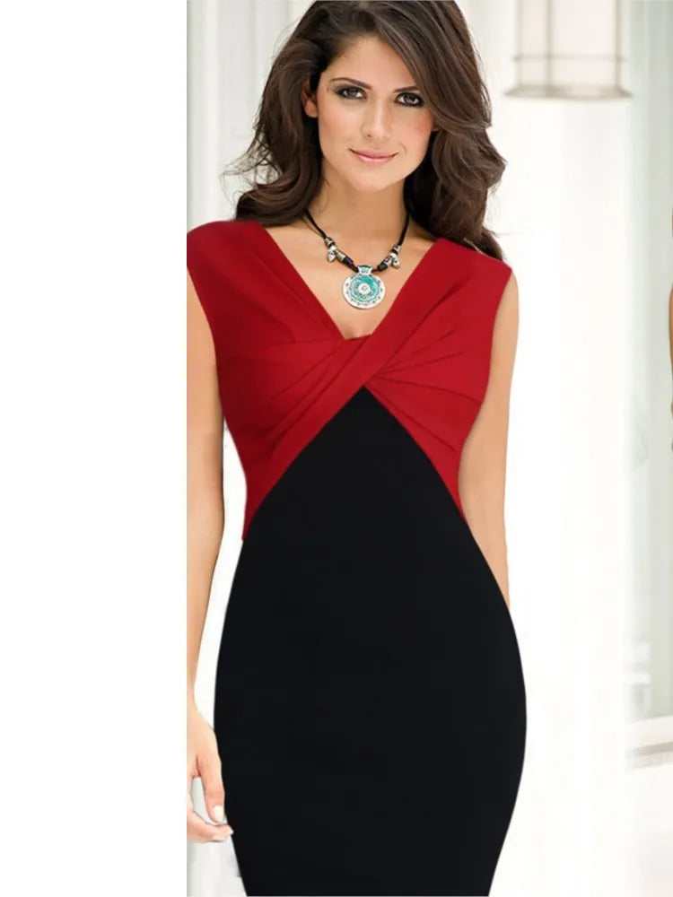 Summer Color Combination Sleeveless Women's Dresses Fashion After Slit Sexy Package hips Female Elegant Office Short Skirt 2025