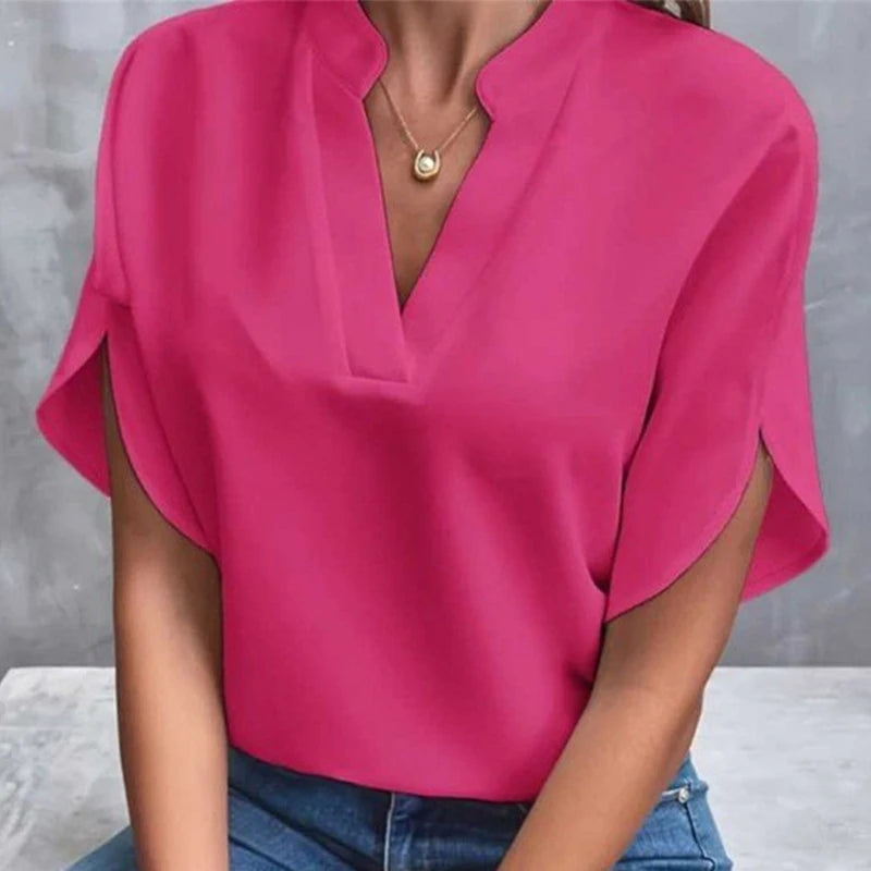 1pcs Woman New Summer Solid Color Shirts Lady Casual Short Sleeve V-neck Collar Loose Shirts Female Fashion Pullover Tops