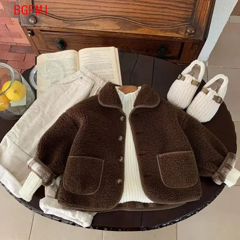 High-quality Boys Velvet Thick Wool Single Breasted Coat 2025 Autumn/Winter New Warm Lamb Wool Top Baby Winter Girls Collar Coat