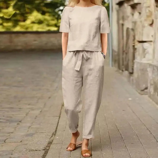 Women's Cotton Linen Suit Summer Matching Suit Half-sleeved Round Neck Tie Elastic Waist Trousers Wide-leg Pants Retro Suit 2024