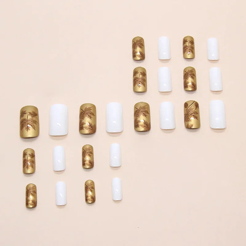 Platinum Maple Leaf Fake Nail with Jelly sticker Press on False Nails Wearable Round Head Oval Full Cover Nail Tips