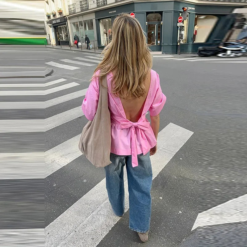 Fashion Bow Backless Pleated Shirts Women Solid O-neck Half Sleeve Waist-Closed Top 2025 Spring Summer Lady High Street Shirt