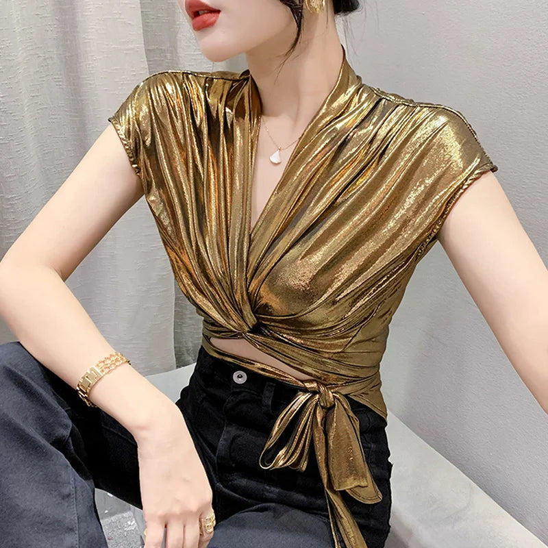 Street wear Gold Silver Green Shinny Short Sleeve Blouse Women Sexy Irregular Short Wrap Shirt Female Bandage Summer Tops