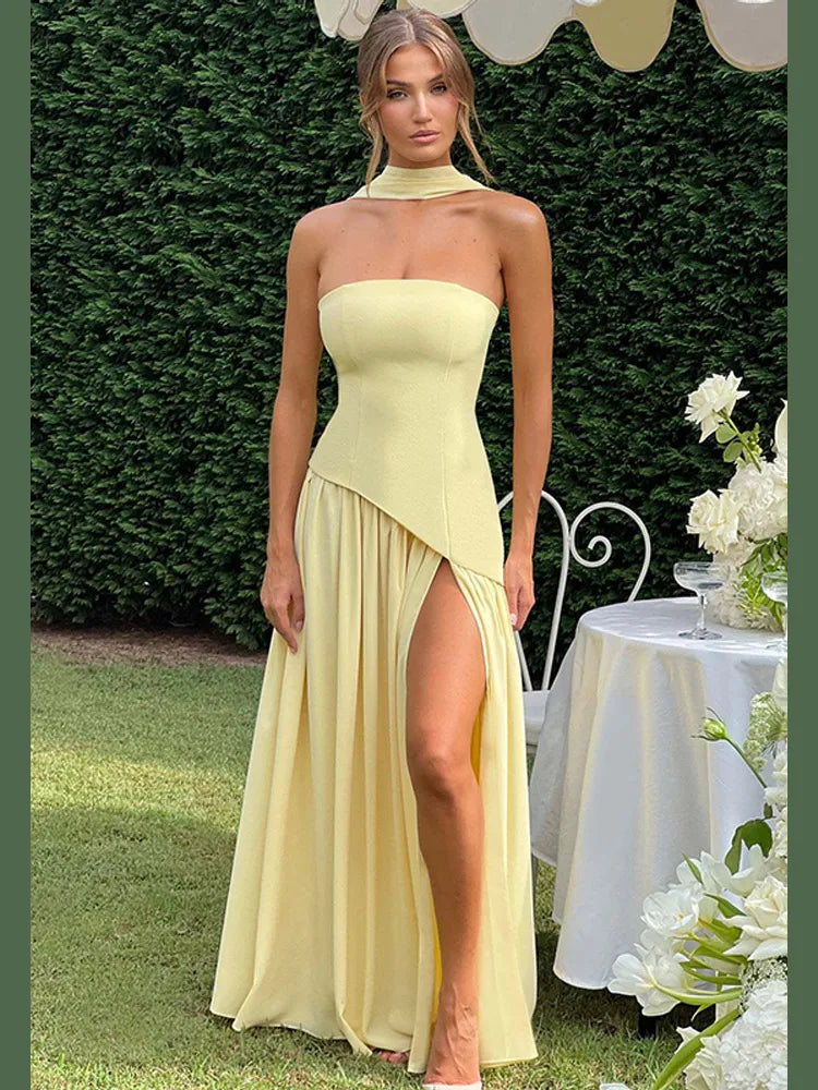 Pale Yellow Patchwork Shawl Dress Women's Elegant Split Sleeve High Waist Slim Fit Maxi Vestidos Lady Evening Party Gowns 2025