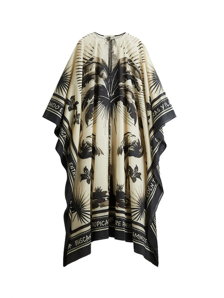 Vacation Coconut Tree Floral Print Caftan Maxi Dress For Women Oversize Long Puff V-neck Beach Dresses Lady Bohemia Party Robes