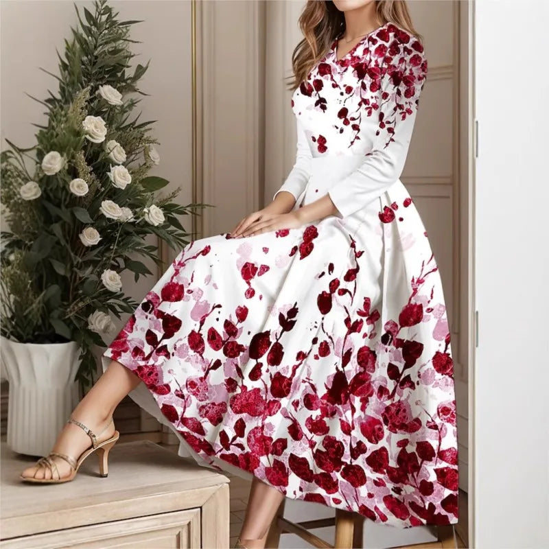 Ladies Autumn Winter Floral Print Vintage Long Dress Women's Long Sleeve V-neck Elegant Dresses Party Casual Evening Dress Women
