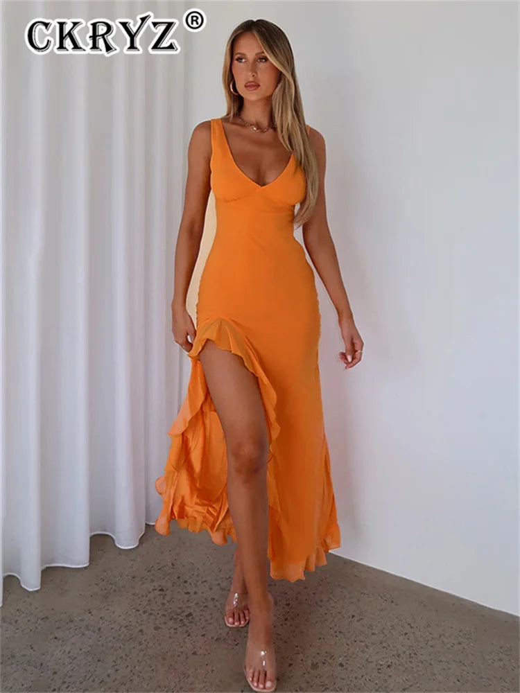 Ladies Summer Ruffle Evening Birthday Party Dress Women Sleeveless Backless Side Slit Long Dresses Clubwear Woman Clothes 2025