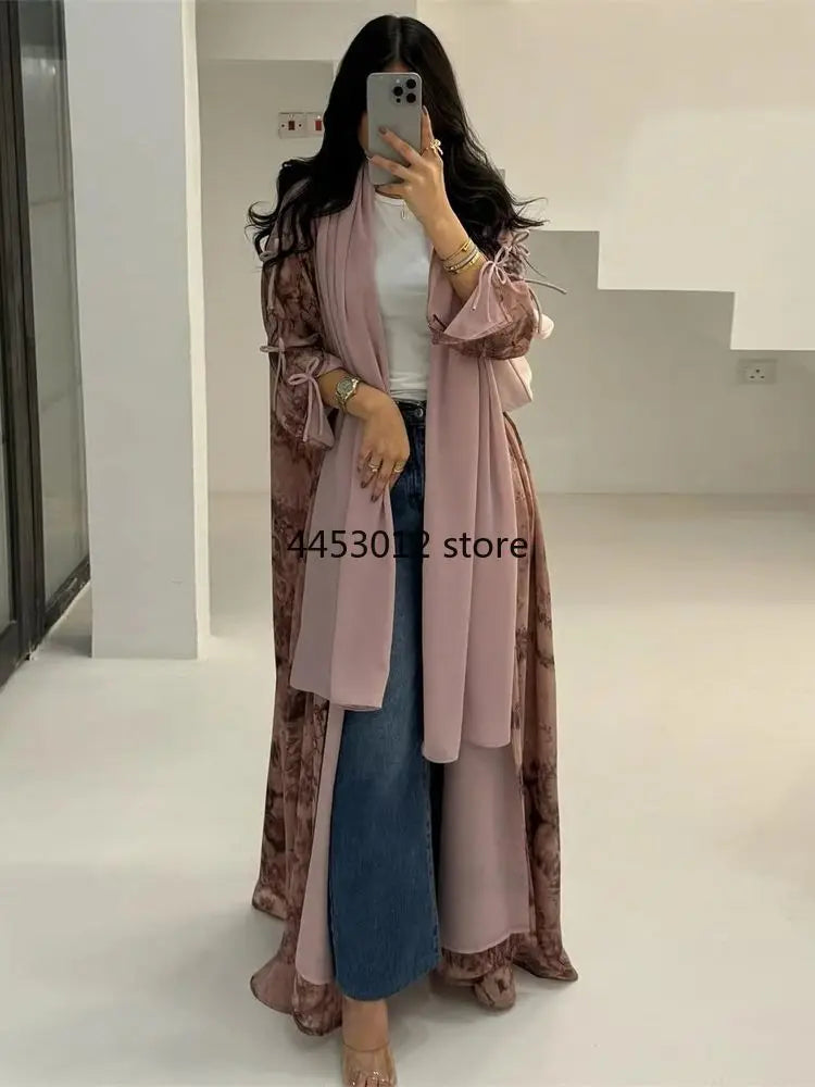 Ramadan Eid Tie Dye Butterfly Bow Muslim Modest Kimono Abaya Damen Dubai Luxury Islam Women Kebaya With Hijab Kaftan Robe Femme