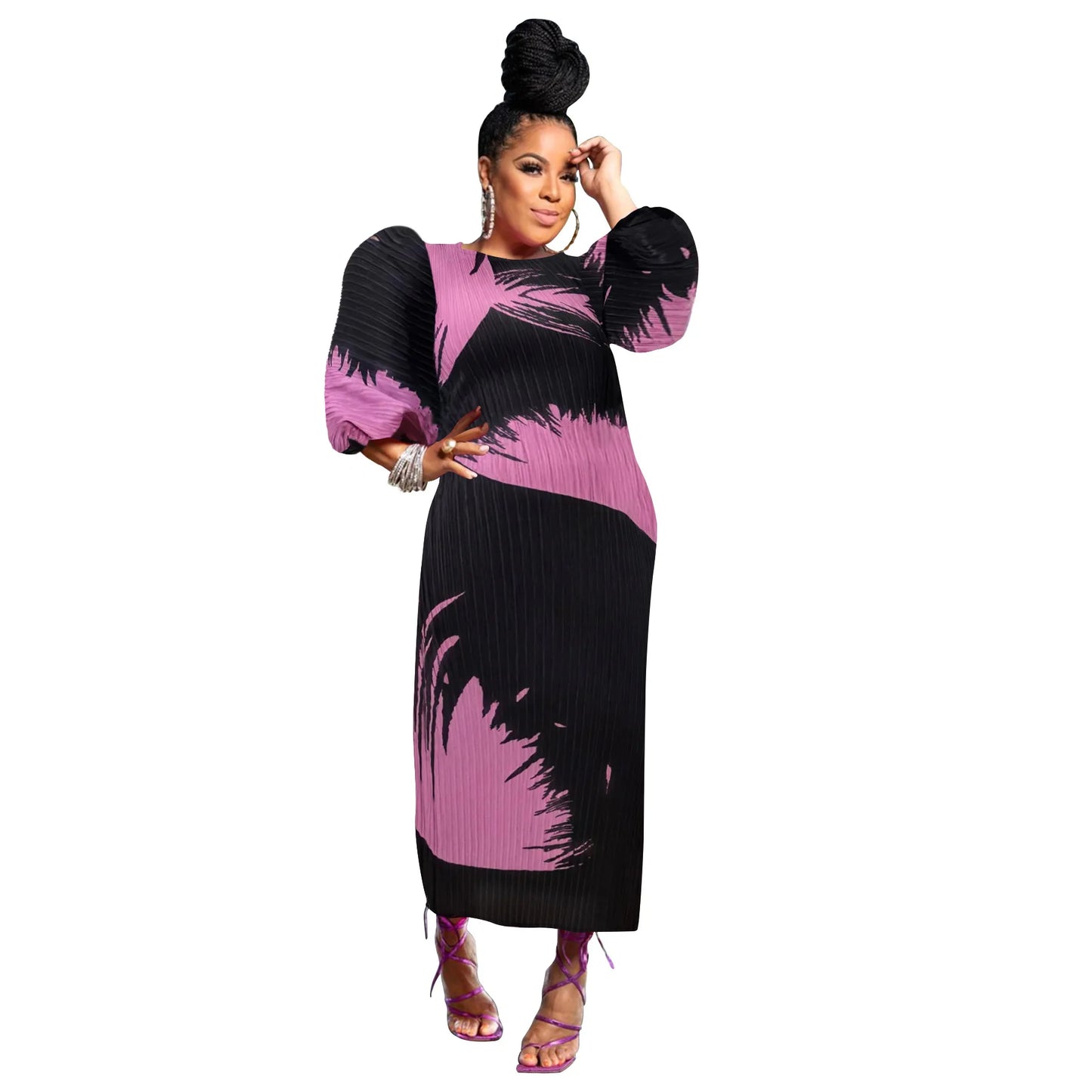 Elegant Women Pleated Half Lantern Sleeve O-neck Slim Maxi Long Dress Print Fashion Autumn 2025 Ruched Dresses Vestidos