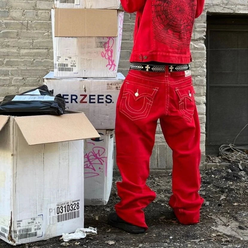 Vintage Buddha Embroidered Jeans Casual 2000s High Street Straight Wide Leg Jeans Harajuku Ootd Y2k Denim Pants Women Clothing