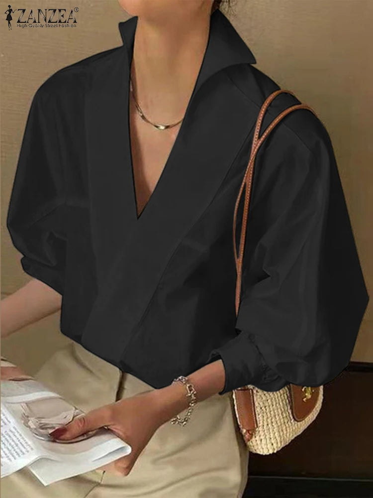 ZANZEA 2025 Summer Women Blouse Shirt Chic Sexy Stand Deep V Neck Puff Sleeve Tunic Tops Fashion Lapel Office OL White Blusas