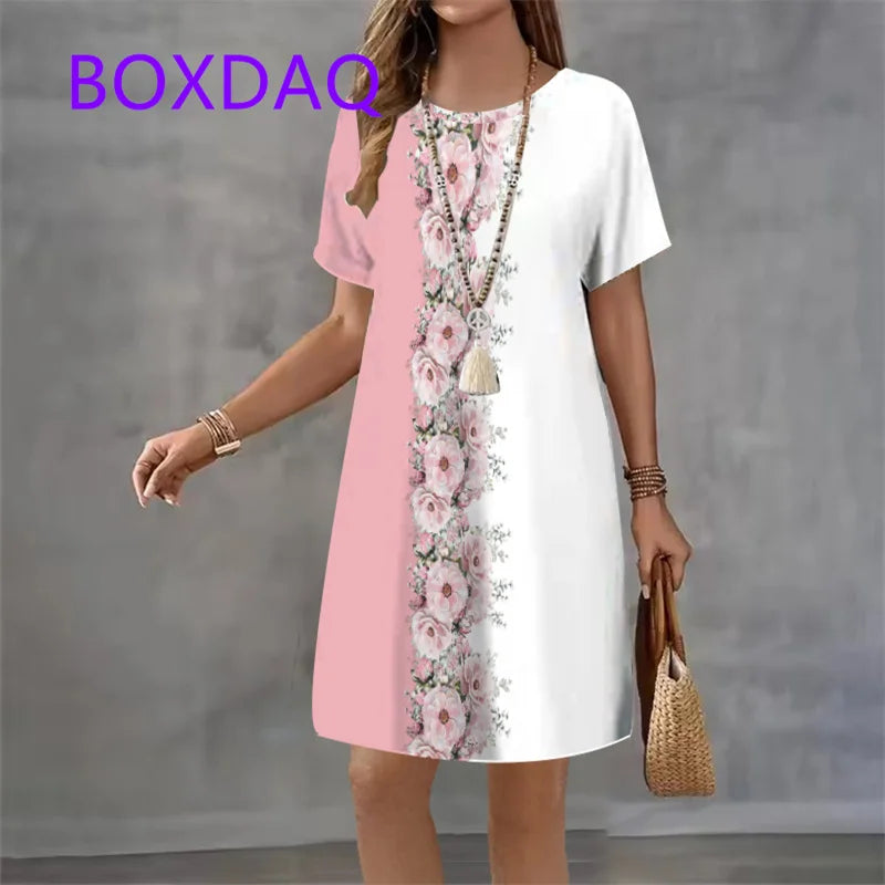 Fashion Elegant Butterfly Flowers Pattern Women's Dress New Summer Street Flower Print Short Sleeve Loose Casual Mini Dress 2025