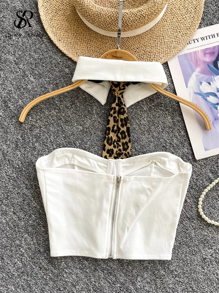 SINGREINY Female Retro Leopard Sensual Tank Tops Fashion Zipper Sheath Tank Top Women Halter Tie Streetwear Vintage Tank Tops