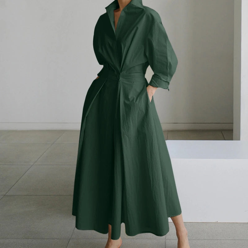 Elegant Women Spring Sundress Lapel Neck Long Sleeve Black Dress 2025 Solid Long Shirt Dress OL Vestidos Robe Femme Streetwear