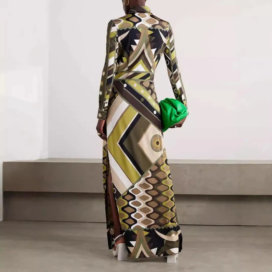 Attractive Printed Women Mesh Maxi Dress Fashion Autumn Long Sleeve O-neck Skinny Vestidos Female Sexy Night Clubwear RobeNew