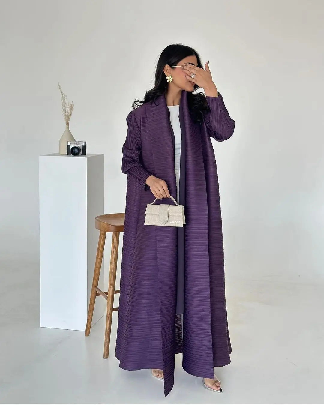 2025 Miyake Pleated abaya with Turn-down Collar, Long Sleeve, Vintage Printed Design, Plus Size