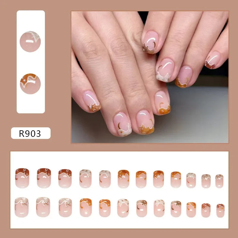 Platinum Maple Leaf Fake Nail with Jelly sticker Press on False Nails Wearable Round Head Oval Full Cover Nail Tips