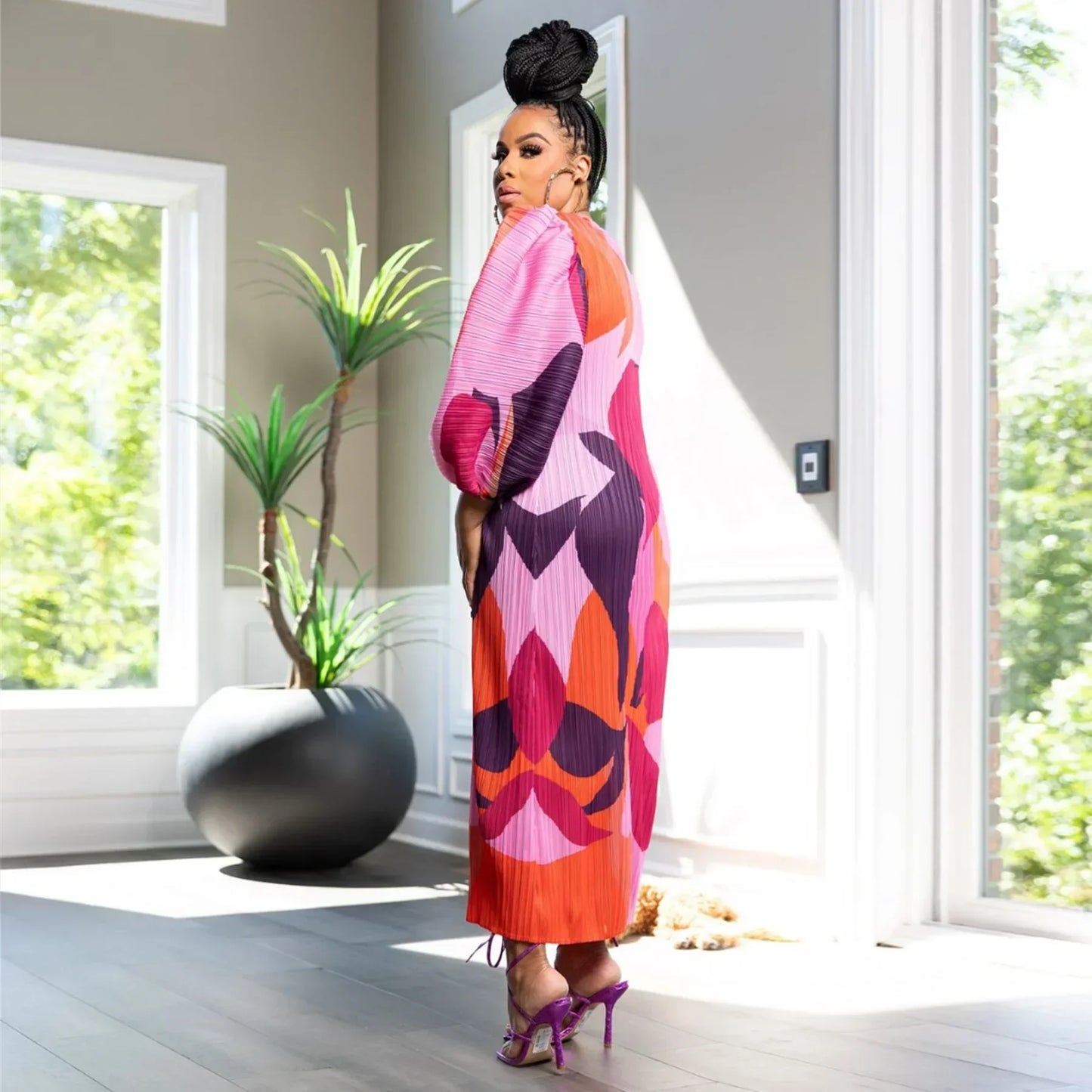 Elegant Women Pleated Half Lantern Sleeve O-neck Slim Maxi Long Dress Print Fashion Autumn 2025 Ruched Dresses Vestidos