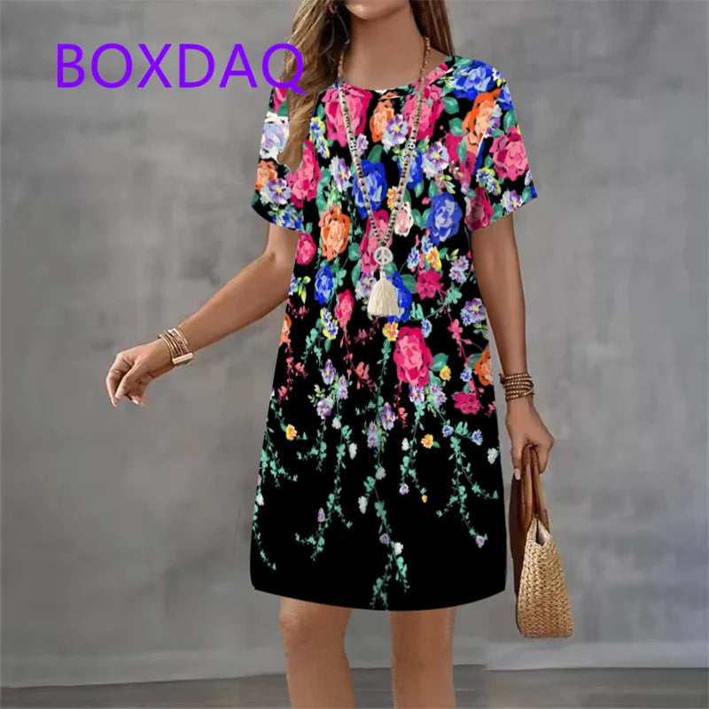 Fashion Elegant Butterfly Flowers Pattern Women's Dress New Summer Street Flower Print Short Sleeve Loose Casual Mini Dress 2025