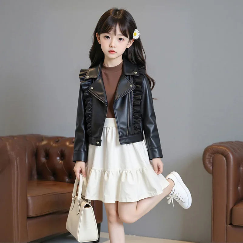 Girls Leather Jackets Children Kids Classics Handsome Pu Outerwear Teenager Zipper Fly Coats Spring Autumn 2025 New