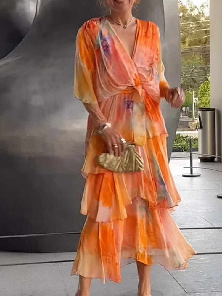 TSDFC 2025 New Summer Fashion Half Sleeved V Neck Lace Up Long Skirt Casual Wear Elegant Chiffon Print Women Long Party Dress