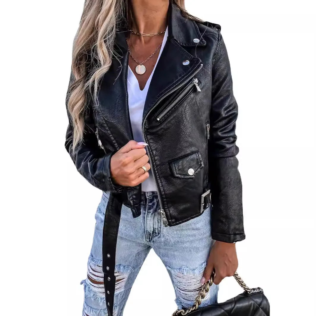 Women's Fashion Biker Jacket PU Leather Short Zipper Winter Warm Outerwear