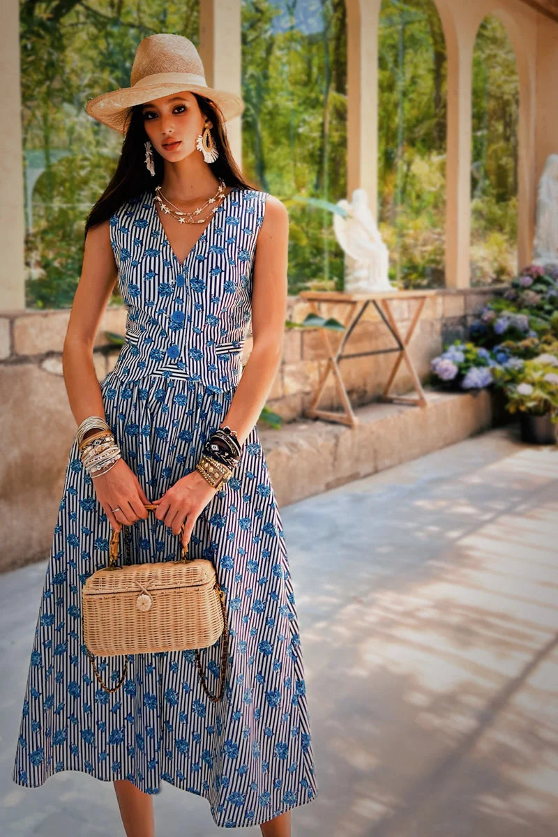 Summer Print Black White Striped Tank Women's Top Blue Rose Vest+Knee-Length A-Line Skirt Separately Y2K DABUWAWA DM2BVT002