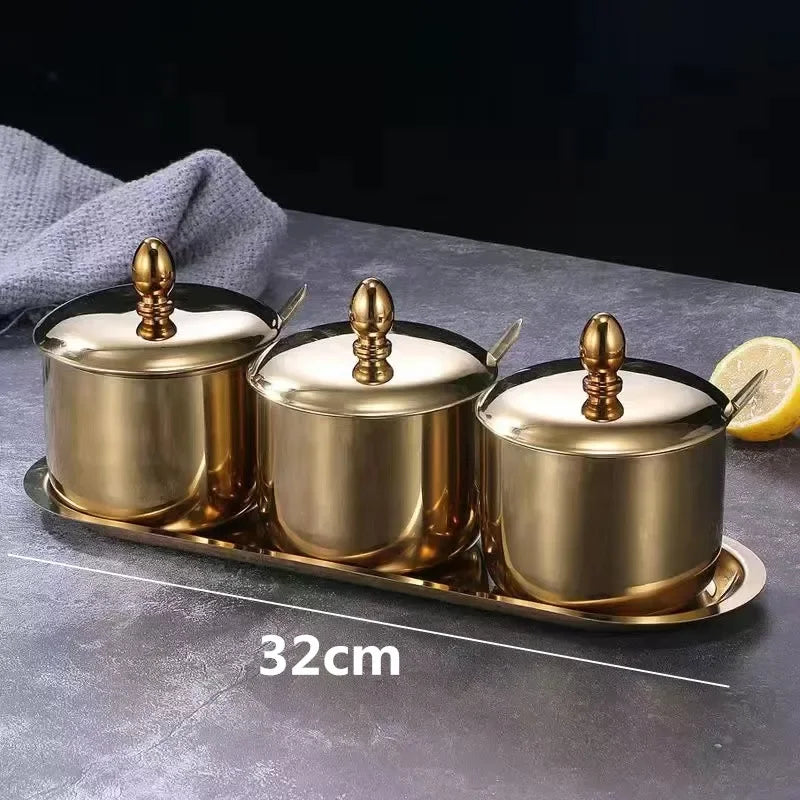 gold golden 304 Seasoning box bottle glass cap with spoon flavoring tank sauce bottle spice jar salt storage box soy sauce dish