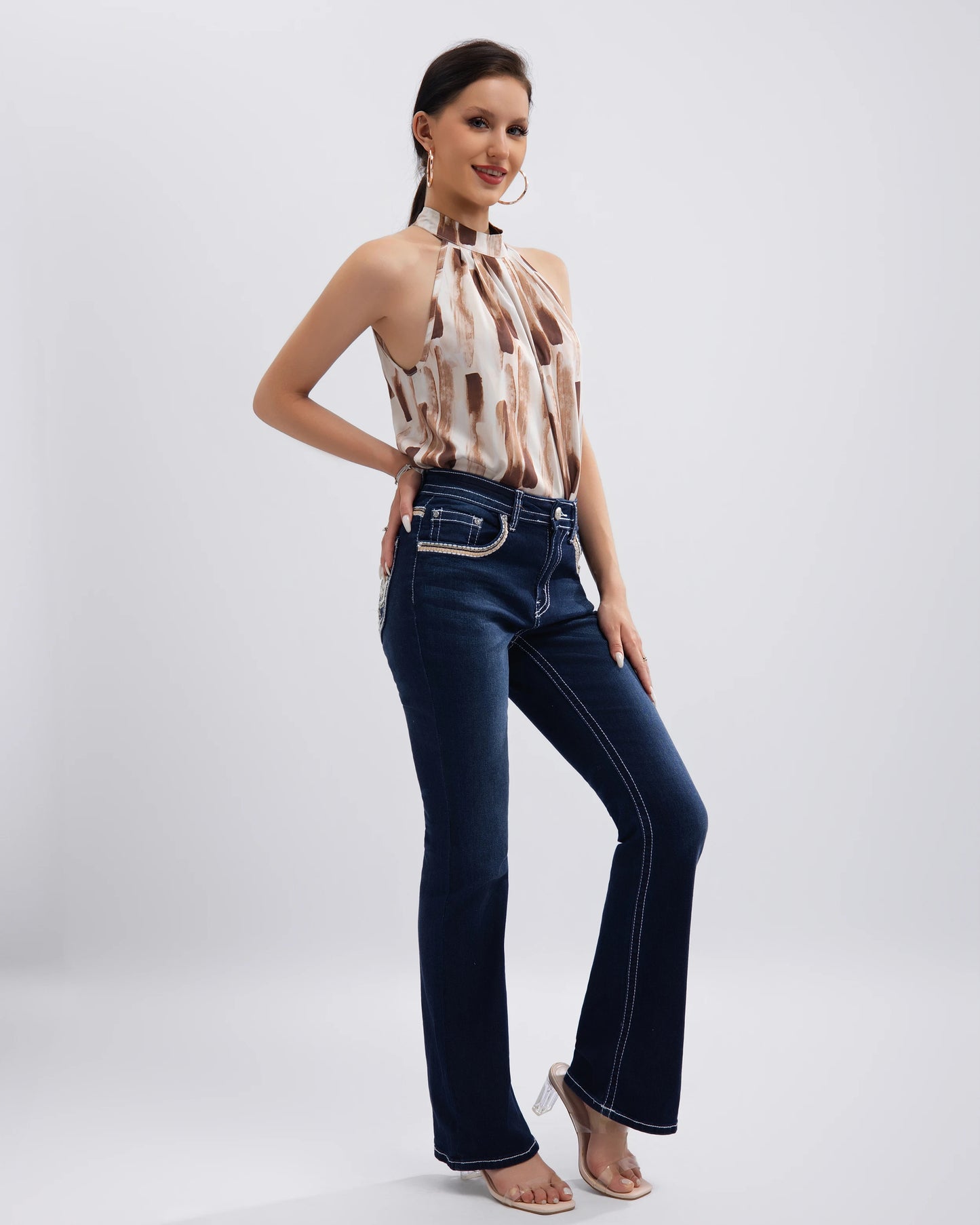 Women Casual Low Rise Jeans European and American Style High Strecth Rhinestone-embellishe Flared Jeans Pants for Tall Women