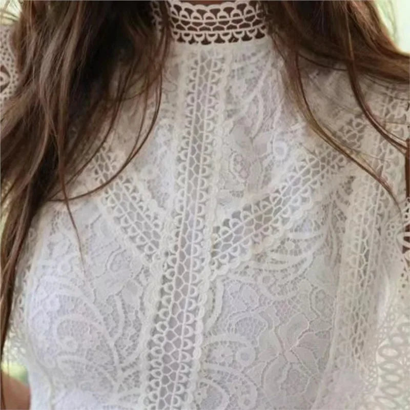 Women's Fashion Tank Blouses 2025 New Summer Sexy Hollow Black White Geometric Pattern Women Lace Chiffon Tops Shirts Clothing