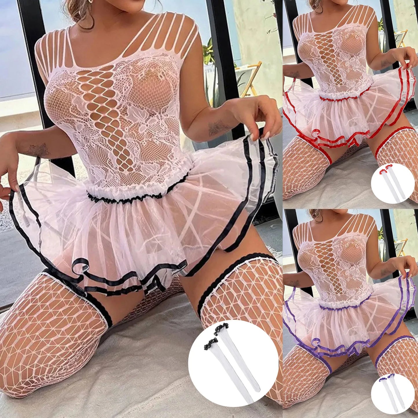 Women'S Mesh Strap Lingerie Sets Plus Size Lingerie Set For Women Sexy Lace Halter Bralette High Waist Dessous Set ReizwäSche